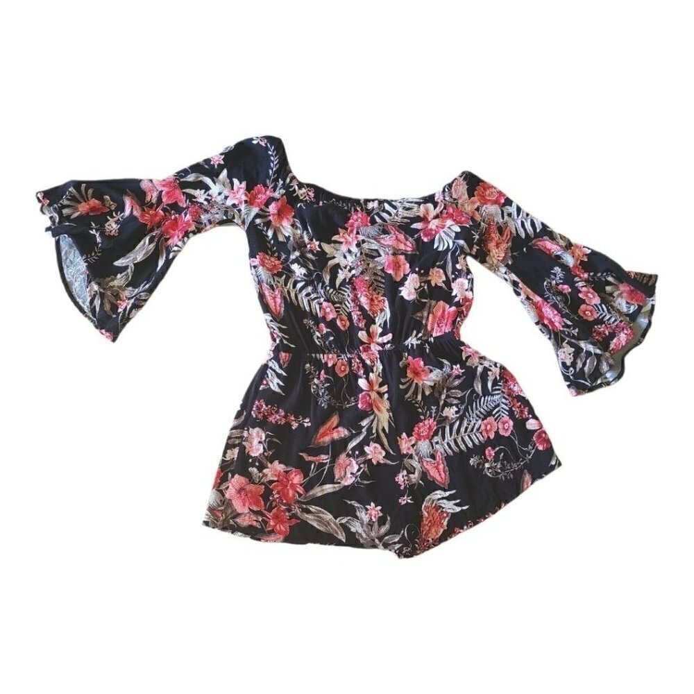 Lulus Wildwood Flower Black Tropical Print Off-the-Shoulder Romper Size M - Picture 4 of 10
